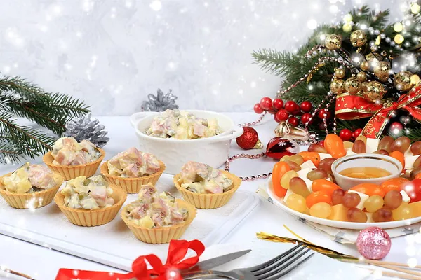 Christmas New Year Food Traditional Festive Olivier Salad Salad Cheese — Stock Photo, Image