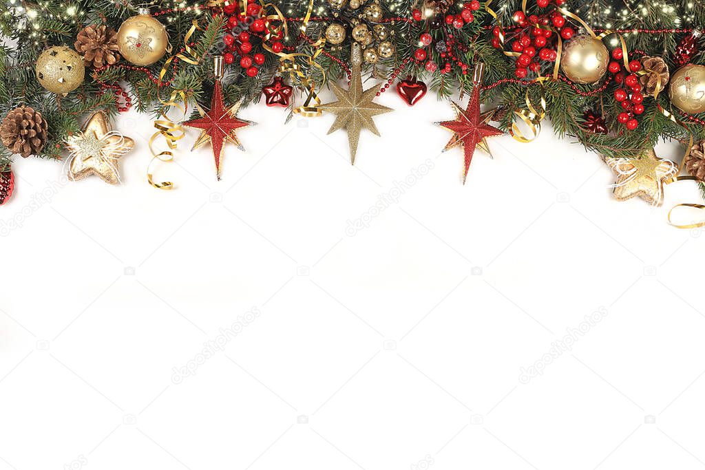 Christmas and New Year mockup for design, screen banner, festive background with fir branches, pine cones and decorations with place for text, postcard,selective focus