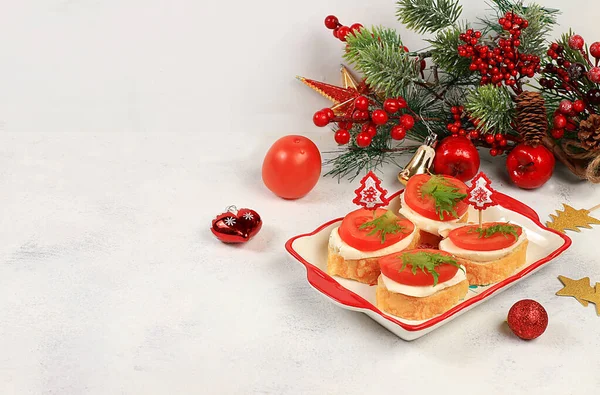 New Year Christmas Dishes Caprese Bruschetta Toast Mozzarella Cheese Cherry — Stock Photo, Image