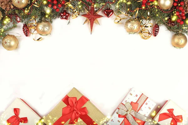 Moldura Natal Feita Decorações Ramos Abeto Caixas Presente Com Lugar — Fotografia de Stock