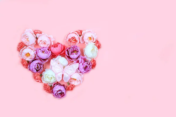Floral Heart Butterflies Pink Background Concept Valentine Day Women Day — Stockfoto