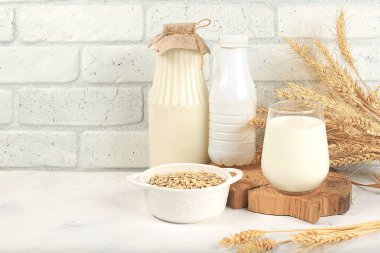 Oat vegan alternative milk lactose and gluten free, allergy free, healthy eating concept, maintaining healthy gut microflora, diet nutrition, weight loss, selective focus