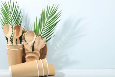 Güneşli bir masada, çevre dostu yemekler. Kağıt bardaklar, tabaklar, kağıt peçeteler, barbekü pipetleri, tahta çatallar, kaşıklar ve bıçaklar, maket, sağlıklı yaşam tarzı konsepti, sıfır atık. Plastik yok, seçici odaklanma