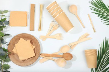 Güneşli bir masada, çevre dostu yemekler. Kağıt bardaklar, tabaklar, kağıt peçeteler, barbekü pipetleri, tahta çatallar, kaşıklar ve bıçaklar, maket, sağlıklı yaşam tarzı konsepti, sıfır atık. Plastik yok, seçici odaklanma