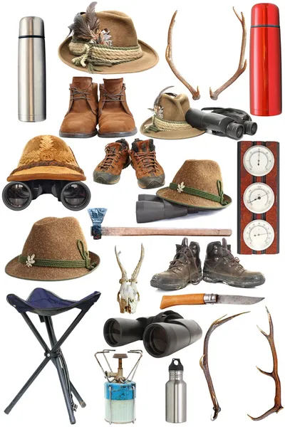 Collection of hunting and outdoor equipment — Stock Photo, Image