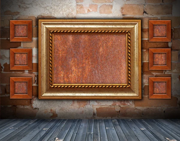 Backdrop with wooden frame on wall — Stock Photo, Image