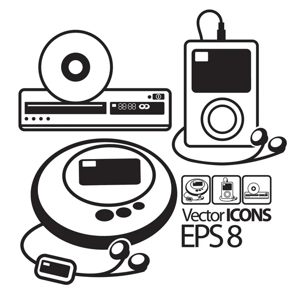 Векторные иконы. MP3 плеер, CD плеер и DVD плеер — стоковый вектор