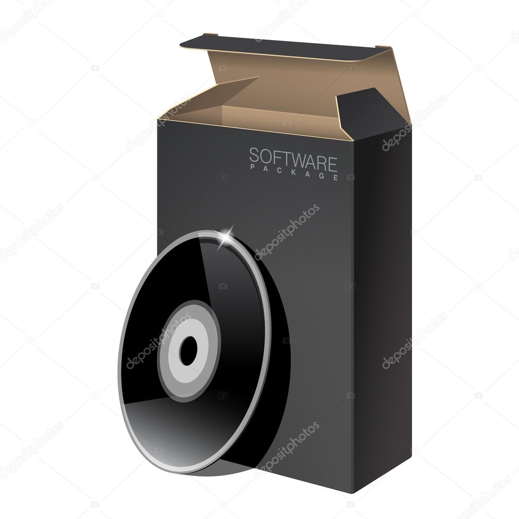 Realistic Black Package Cardboard Box with DVD Or CD Disk. Vector illustration