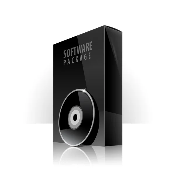 Caja de cartón de paquete negro con DVD o CD Disco. Ilustración vectorial — Vector de stock