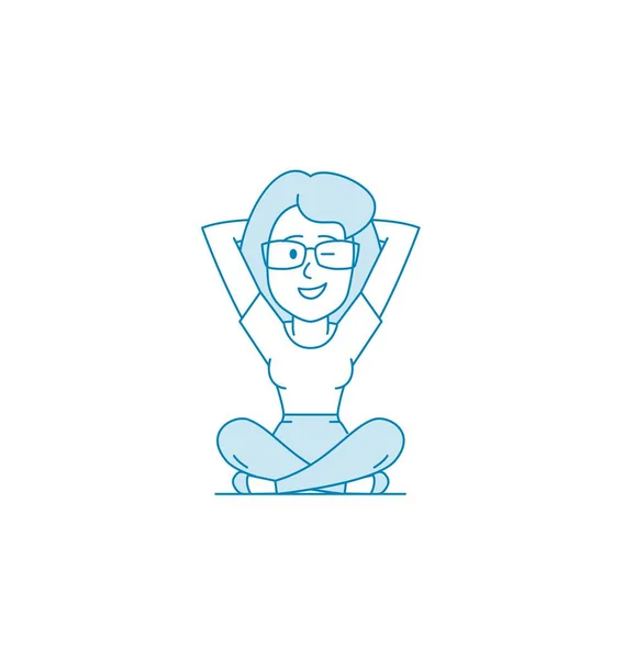女は足を組んで床の上に座って瞑想している 眼鏡をかけた女 落ち着きとリラクゼーション リラックス ストレス解消 線画風のイラスト ベクトル — ストックベクタ