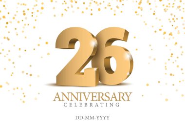 26. yıl dönümü altın 3D numaraları. 26. yıldönümü partisi için poster şablonu. Vektör illüstrasyonu