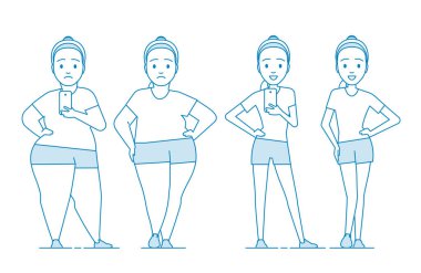 Önce ve sonra kilo verme evresi. Spor giyimli kız. İllüstrasyon Obezite süreci. Diyet ya da egzersizle kilo kaybı. Aşırı kilolu insanlar şişman insanlar. Çizgi sanatı tarzında illüstrasyon. Vektör