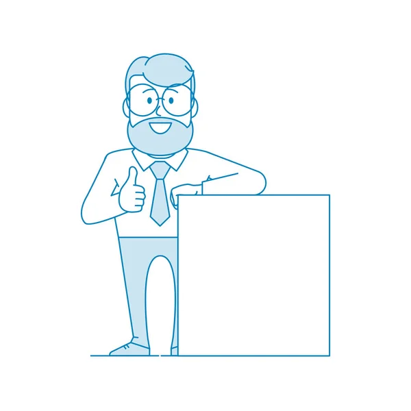 快乐的男人展示横幅 广告的设计 戴眼镜 留着胡子的男人 办公室职员穿着打领带的衬衫 线条艺术风格的说明 — 图库矢量图片