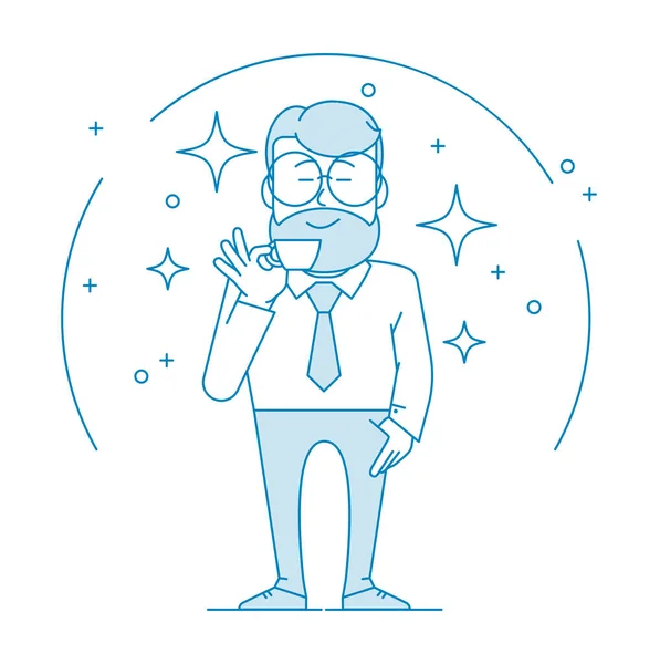 Personagem Homem Óculos Com Uma Barba Bebe Café Com Olhos —  Vetores de Stock