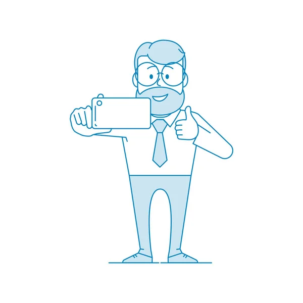 Szczęśliwy Pracownik Biurowy Robi Selfie Symbolami Charakter Człowiek Okularach Brodą — Wektor stockowy