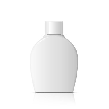 Havalı Gerçekçi Düz Beyaz plastik şişe. Krema, çorba, köpük ve şampuan için kozmetik paket koleksiyonu. Vektör İllüstrasyonu