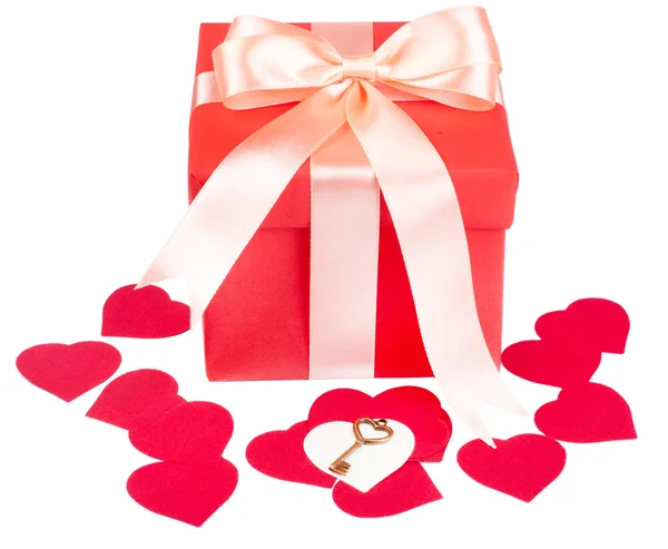 Valentines day card with red hearts and key — Stock Photo, Image