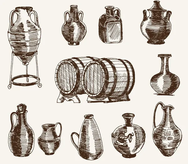 Jarras y dos barriles de vino — Archivo Imágenes Vectoriales