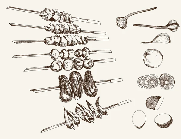 Shish kebab en pinchos — Vector de stock