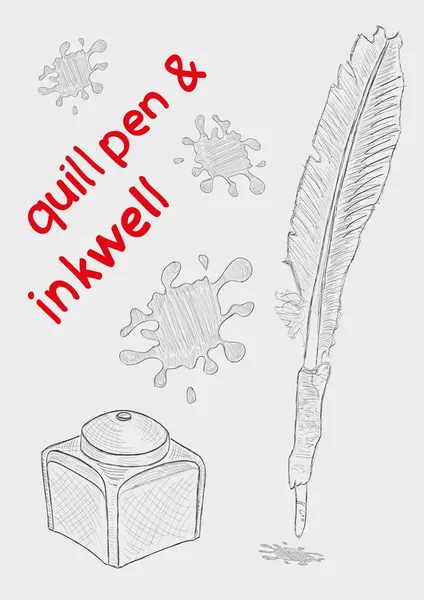 Quill penna och bläckhorn — Stock vektor