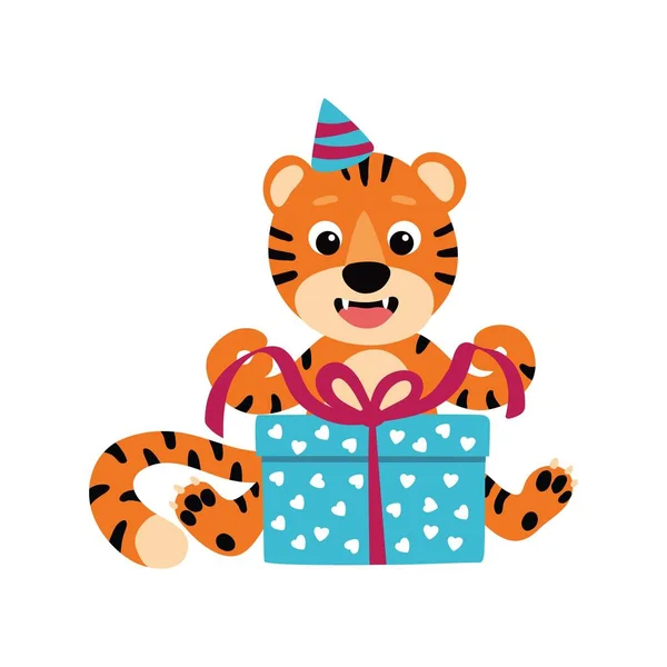 Symbol of the new year tiger with a box. vector illustration — Stock Vector