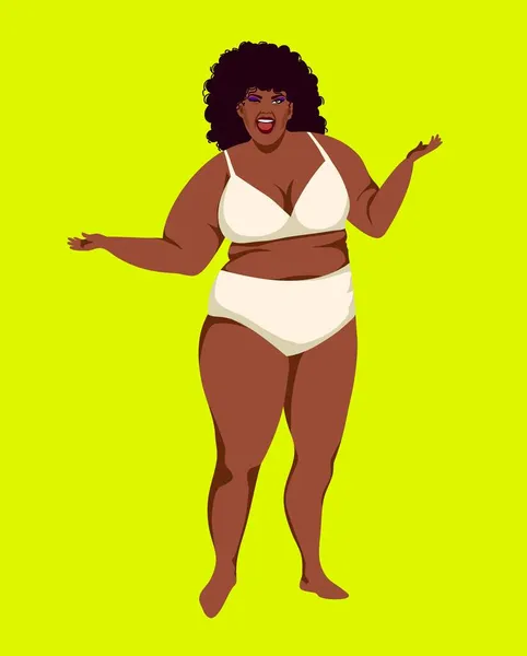 Bodie is a positive plump African American. A large-sized girl in full-length underwear. Plus size model posing. — Stock Vector