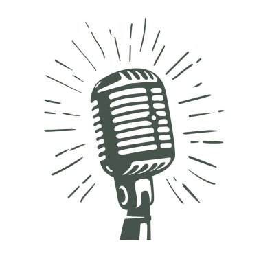 Mikrofon. Kitlesel medya. Podcast. El çizimi vektör illüstrasyonu.