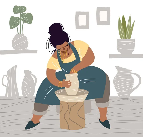 陶器に従事する女性のフラットベクトル漫画イラスト ポッターのホイールとセラミックオブジェクトの作成の作品 魂のための家の活動と趣味 — ストックベクタ