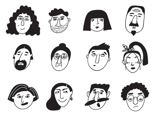 Rostros Estilizados Personas Estilo Dibujos Animados Iconos Blanco Negro — Vector de stock