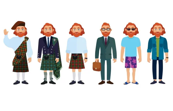 Scottish men in national and modern clothes. Flat vector illustration. — Stock Vector