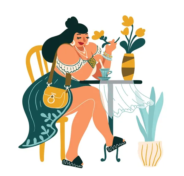 한 아름다운 소녀가 여름 카페에 있는 테이블에 앉아 커피를 마시고 있습니다. 컬러 벡터 삽화. — 스톡 벡터