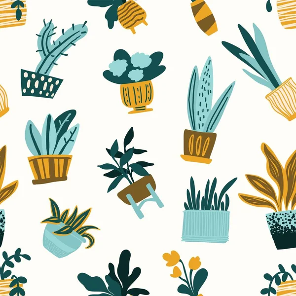 鉢植え手描きベクトルシームレスパターン — ストックベクタ
