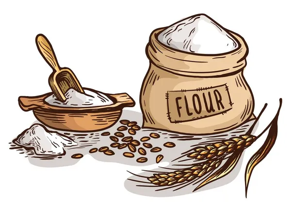 Um saco de farinha fresca. Prato de madeira e colher em fundo branco ilustração vetorial — Vetor de Stock