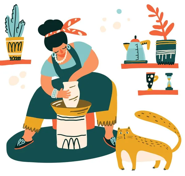 토스터 휠에 앉아 있는 한 아름다운 소녀는 항아리를 조각한다. 만화 스타일의 고양이. Color vector illustration. — 스톡 벡터