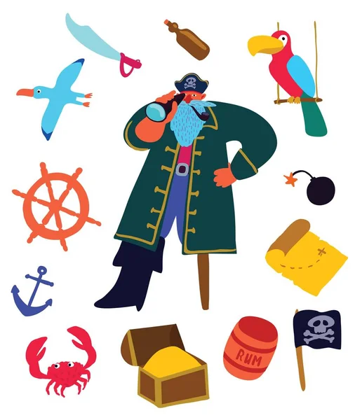 Pirat, skrzynia skarbów, mapa, papuga, kotwica, odizolowany na białym tle. — Wektor stockowy