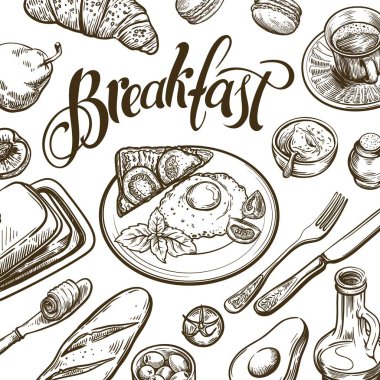 Güzel bir kahvaltı için nefis taze yiyecekler. Yemek ve tabaklar masada. Arkaplan vektör simgeleri