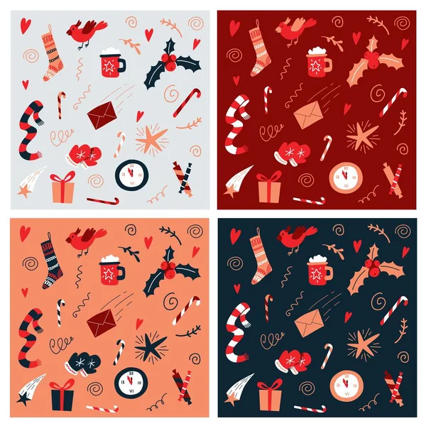 Motifs vectoriels de Noël avec des éléments festifs de appartements colorés — Image vectorielle