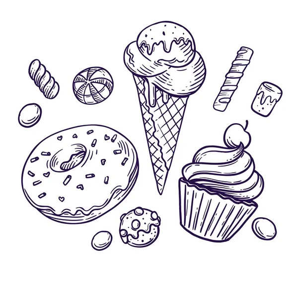 Ilustracja słodyczy konturowych i lodów — Wektor stockowy
