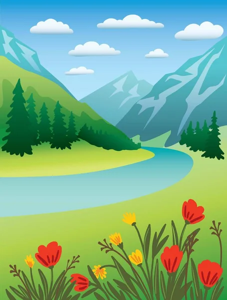 Paisaje colorido con altas montañas. Ilustración vectorial colorida — Vector de stock