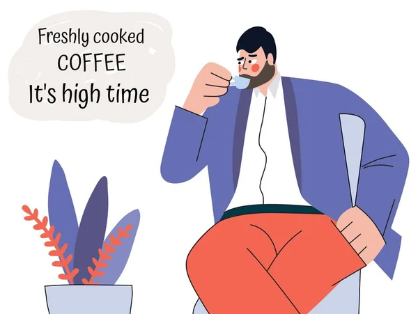 A man drinks coffee, color illustration in flat style — стоковый вектор
