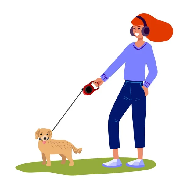 Жінка ходить з собакою і слухає музику в навушниках, ходить в парку з домашніми тваринами, ілюстрація в плоскому стилі — стоковий вектор