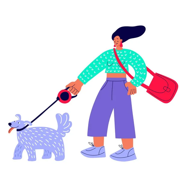 Frau, die mit Hund spazieren geht, im Park mit Haustieren spazieren geht, Illustration im flachen Stil — Stockvektor