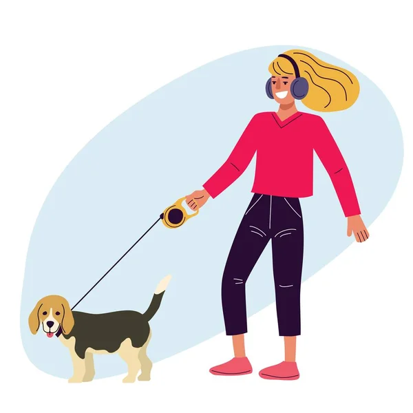 Žena chůzi se psem a poslech hudby ve sluchátkách, procházka v parku s domácími mazlíčky, ilustrace v plochém stylu — Stockový vektor
