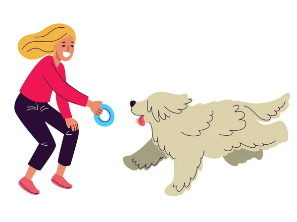 带着狗散步的女人 带着宠物在公园里散步的女人 用扁平的样式描绘的图案 — 图库照片