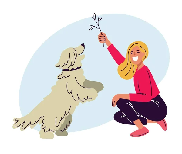 Женщина Гуляет Собакой Гуляет Парке Домашними Животными Стилизованная Иллюстрация Плоском — стоковое фото