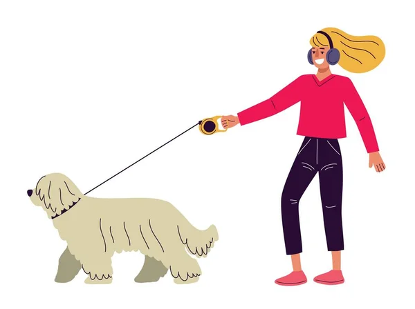 Жінка Ходить Собакою Слухає Музику Навушниках Ходить Парку Домашніми Тваринами — стокове фото