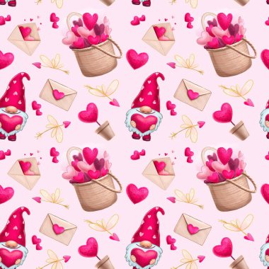 Sevgililer Günü. Kupalı sepet, cüce, zarf. Kusursuz desen, giysi, tekstil ve ambalaj için baskı tasarımı