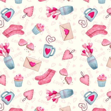 Sevgililer Günü. Çiçekler, mektup, çoraplar, tatlı. Kusursuz desen, giysi, tekstil ve ambalaj için baskı tasarımı.