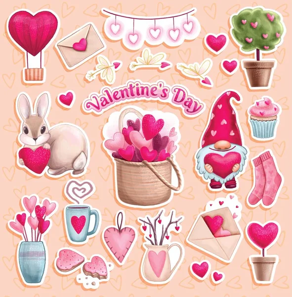 Romantic elements on Valentines Day. Colored heart stickers, stylized flowers, gnome, rabbit — Stock Photo, Image