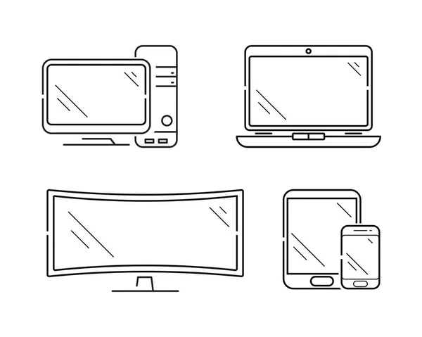 Сучасні гаджети. Персональний комп'ютер, ноутбук, планшет, мобільний телефон. Набір векторних піктограм у плоскому стилі . — стоковий вектор